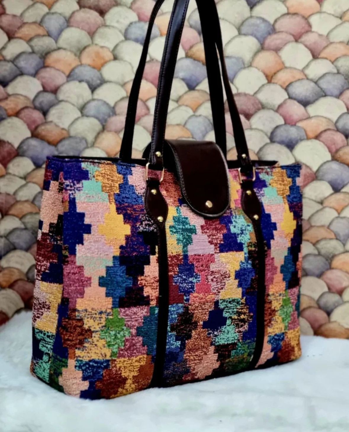 Fortune Tote Bag Double Partition with Laptop Compartment in Rug Jacquard Fabric – Women’s Handbag