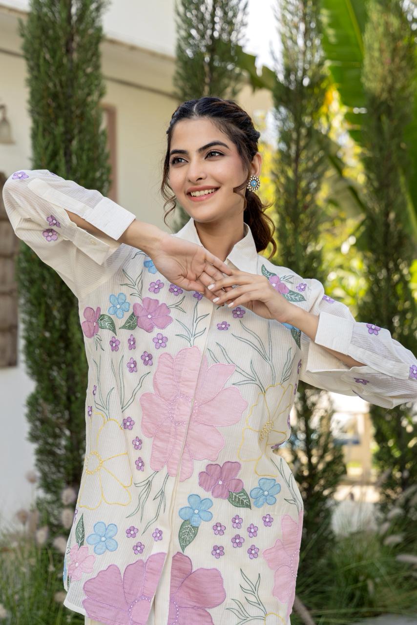 Mul Chanderi Co-Ord Set for Women with Applique Work, Printed Top and Pant Set with Lining