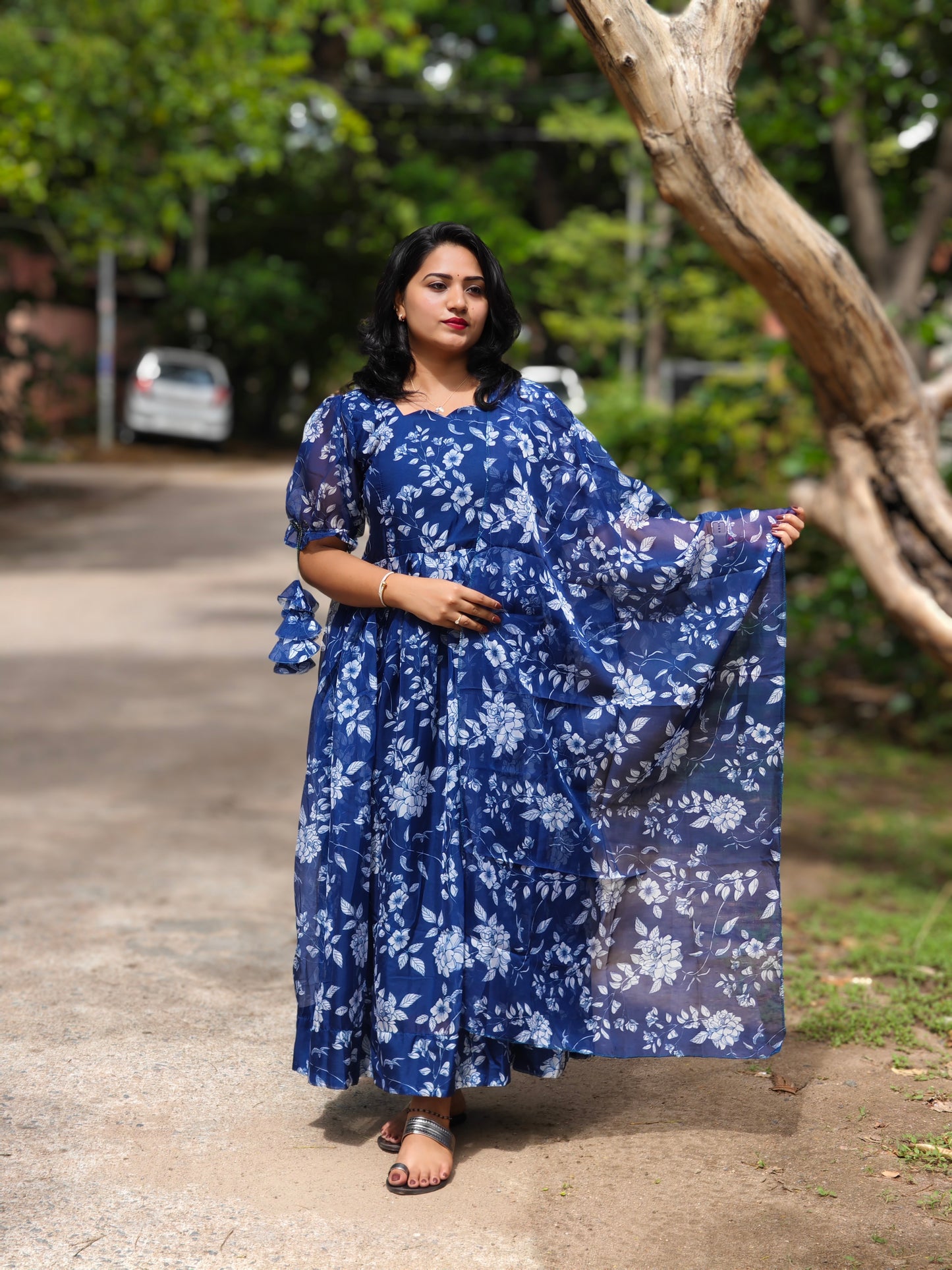 Pea Blue Organza Suit Set with Flared Kurta, Pants and Dupatta – Women’s Festive Wear