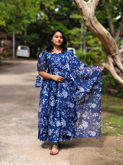 Pea Blue Organza Suit Set with Flared Kurta, Pants and Dupatta – Women’s Festive Wear