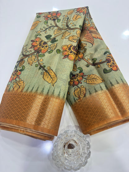 Pashmina Silk Kashmiri Printed Saree for Women Kalamkari Bird Floral Design with Zari Border Ethnic Saree