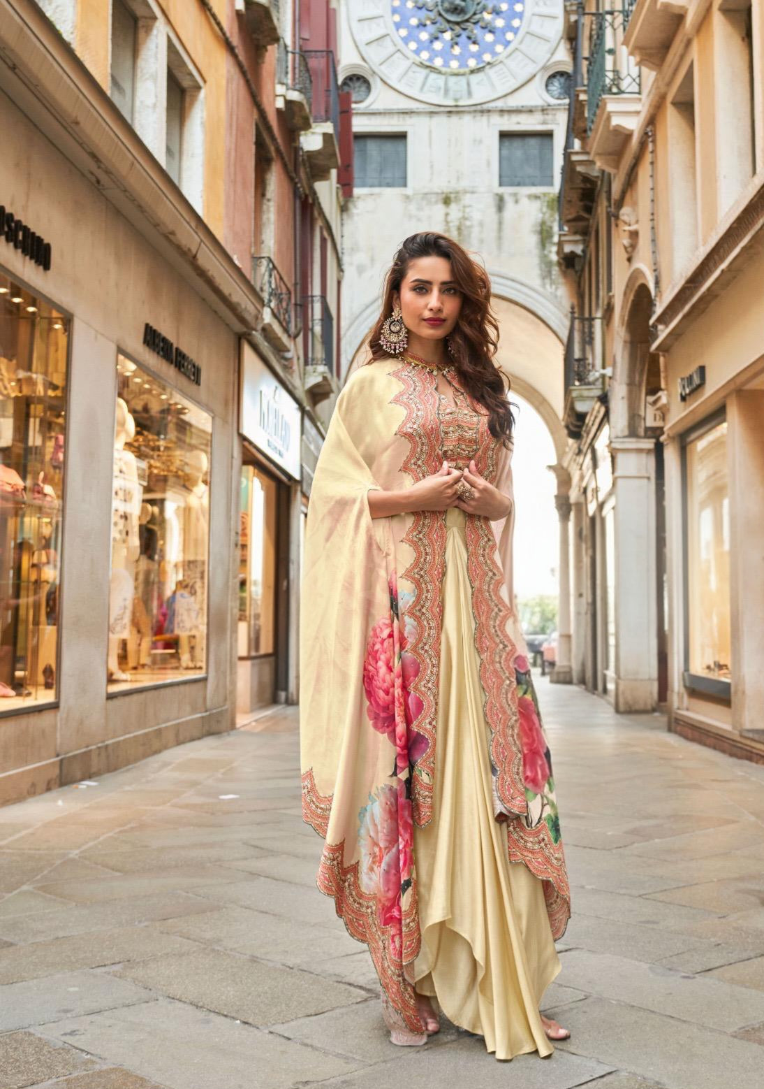 French Crepe Silk Jacket Blouse Dhoti Set with Handwork for Wedding Wear