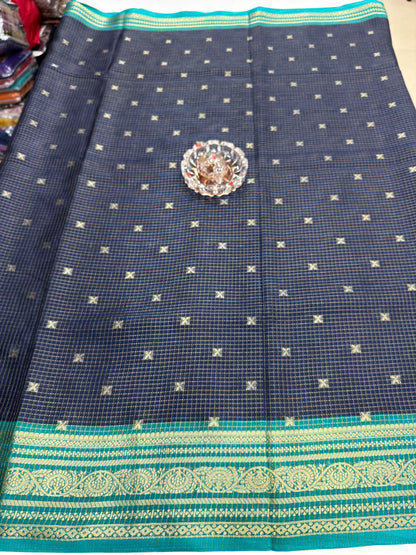 Munga pattu silk blend saree with small buti checks and zari border, women’s festive wear saree