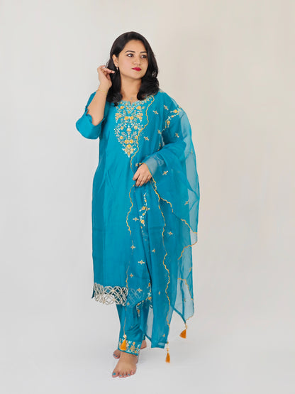 Milan Silk Handworked Kurta Pant Dupatta Set with Embroidered Organza Dupatta – Sizes M to XXL