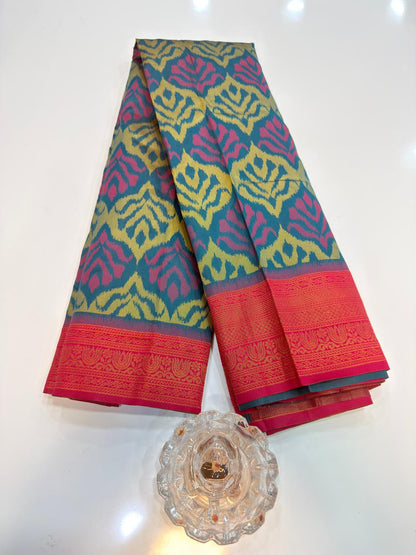 Soft Silk Ikkat Pochampally Saree with Traditional Woven Border and Blouse Piece for Women