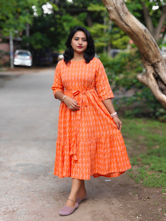 Orange Cotton Woven Design Tiered Western Dress for Women – Sizes S to 3XL