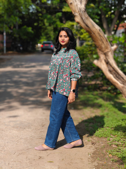 Green Cotton Botanical Print Empire Top for Women – Sizes S to 3XL