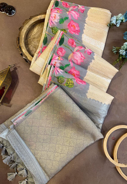 Soft Silk Saree with Pichwai Lotus Print Contrast Border, Rich Zari Pallu, and Blouse Piece