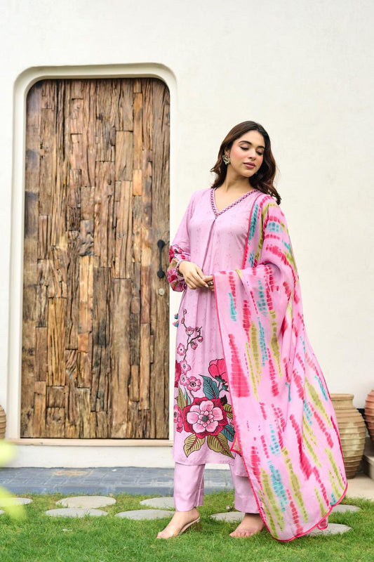 Muslin Kurta Pant with Organza Dupatta Set for Women – Embroidery Detailing – M to XXL