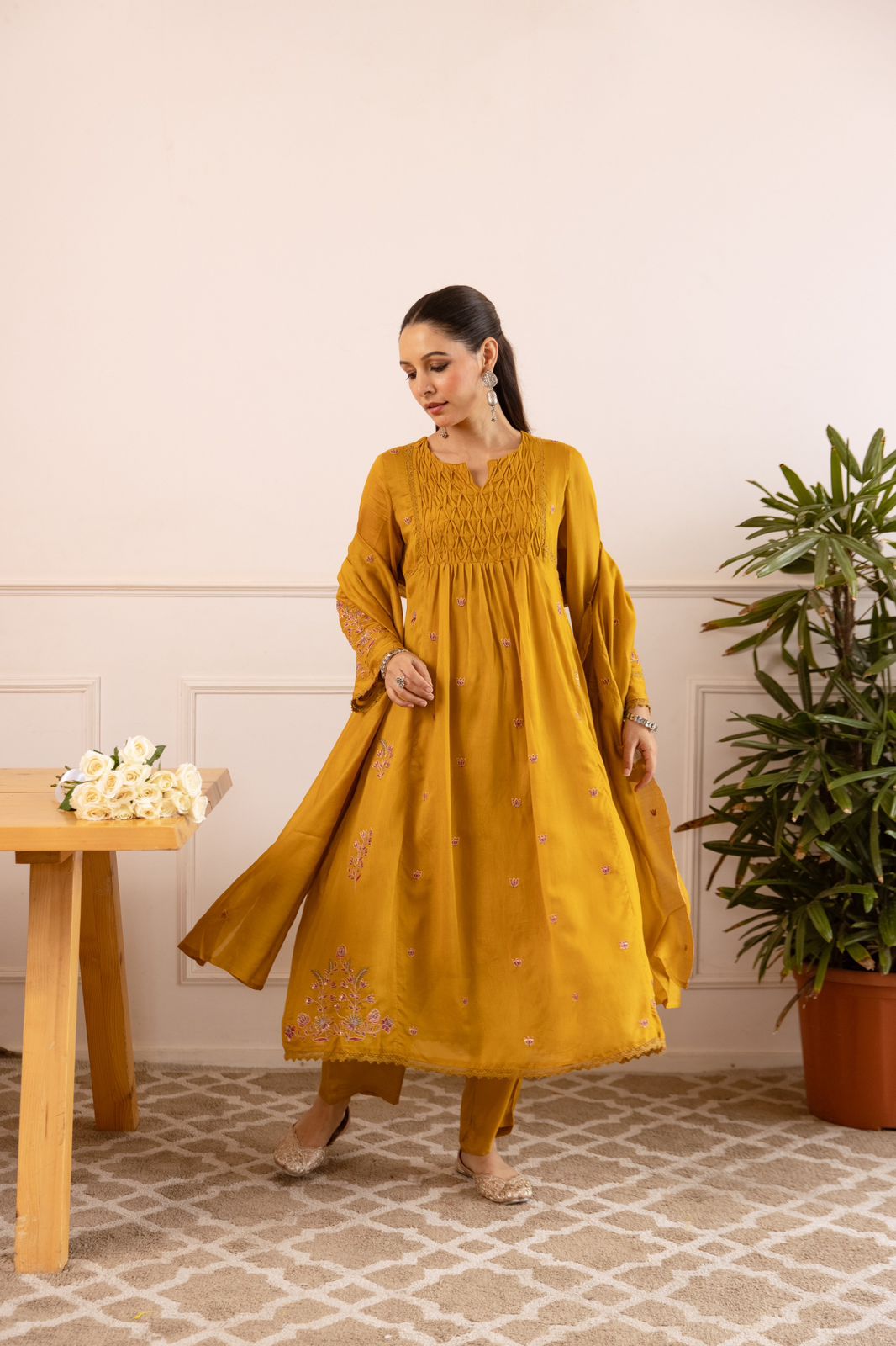 Mustard Mul Chanderi Embroidered Kurta Pant Dupatta Set for Women – Elegant Festive 3-Piece Suit