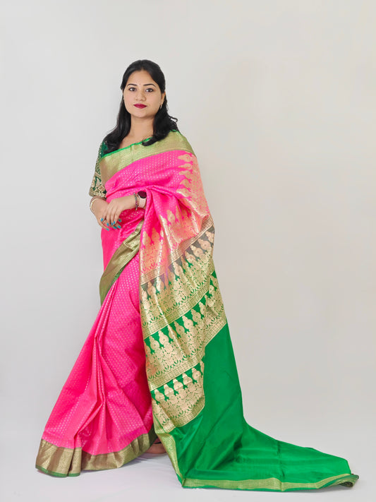 Bangalore Silk Saree with Pure Velvet Touch, Dual Tone Colour & All-Over Chunri Butta Design