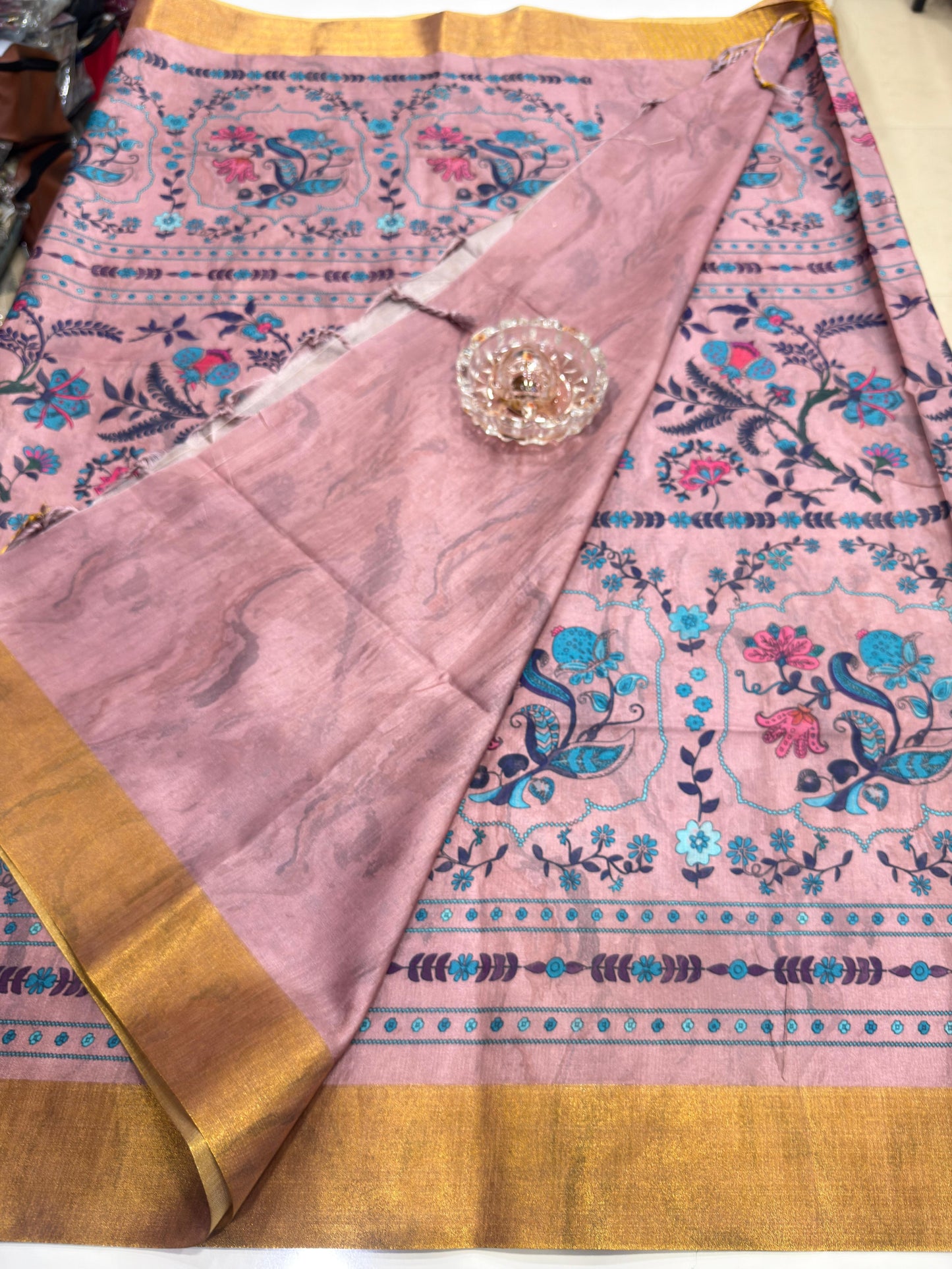 Soft Tussar Silk Printed Saree with Contrast Border, Tassels and Blouse for Women