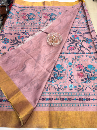 Soft Tussar Silk Printed Saree with Contrast Border, Tassels and Blouse for Women