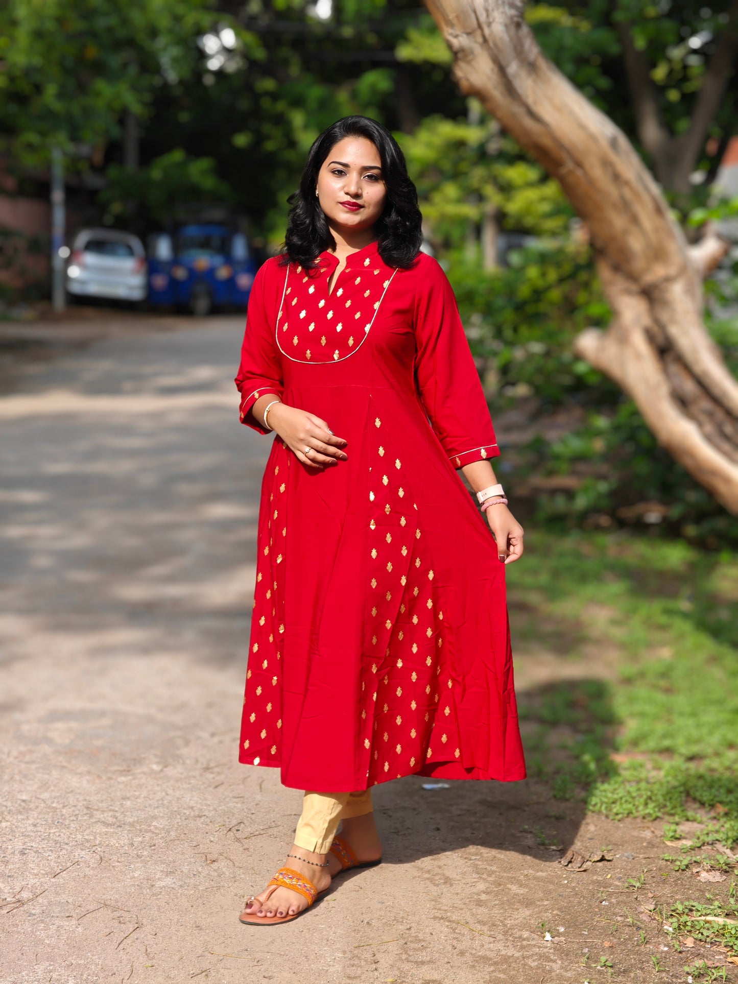 Maroon Poly Crepe A-Line Kurta for Women with Gold Ethnic Motifs – S to 3XL