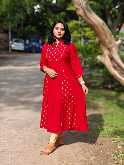 Maroon Poly Crepe A-Line Kurta for Women with Gold Ethnic Motifs – S to 3XL