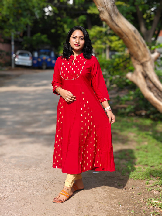 Maroon Poly Crepe A-Line Kurta for Women with Gold Ethnic Motifs – S to 3XL