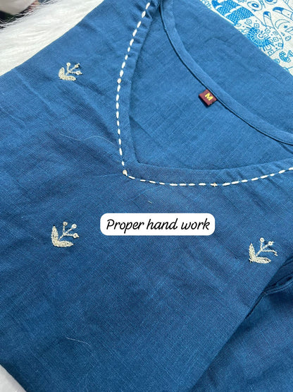 Cotton Slub Kurti with Hand Kantha Work, Pants and Cotton Silk Dupatta – Women’s Ethnic Set