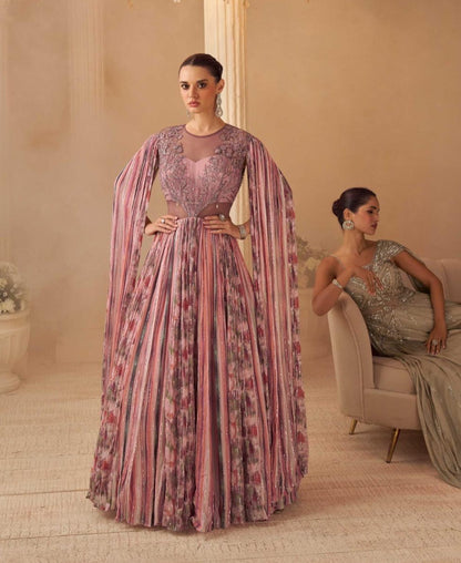 Pink real chinon hand-embroidered gown with cape sleeves and cancan