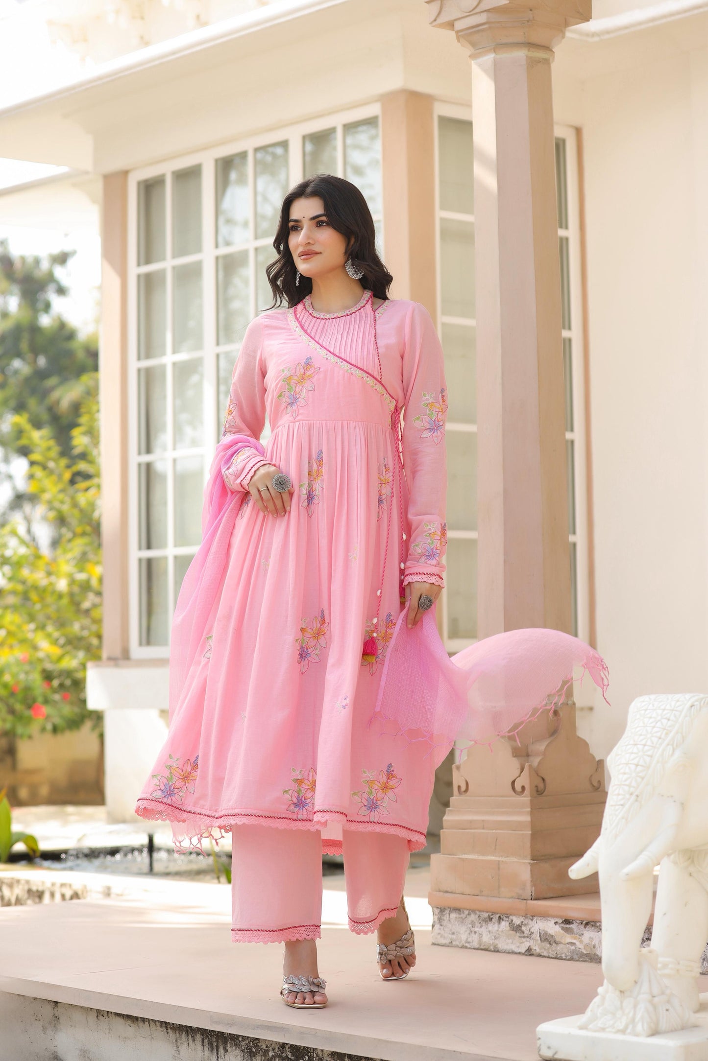 Mul Cotton Embroidered Kurta Pant Dupatta Set Pink