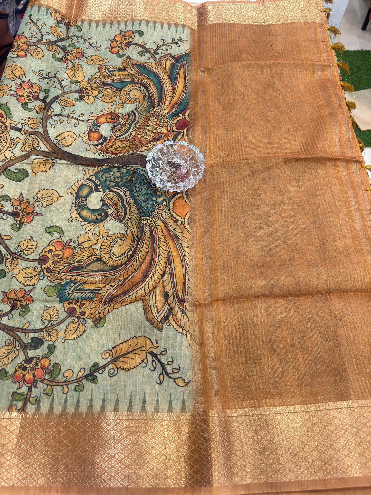 Pashmina Silk Kashmiri Printed Saree for Women Kalamkari Bird Floral Design with Zari Border Ethnic Saree
