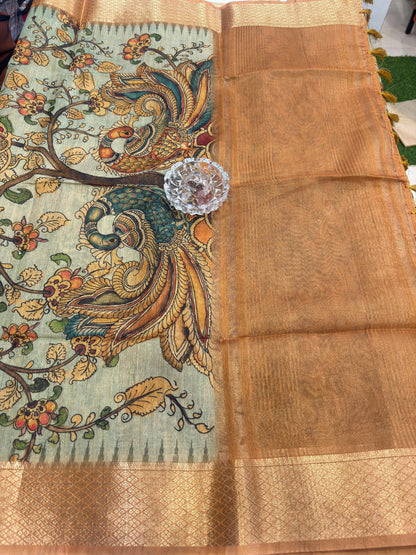 Pashmina Silk Kashmiri Printed Saree for Women Kalamkari Bird Floral Design with Zari Border Ethnic Saree