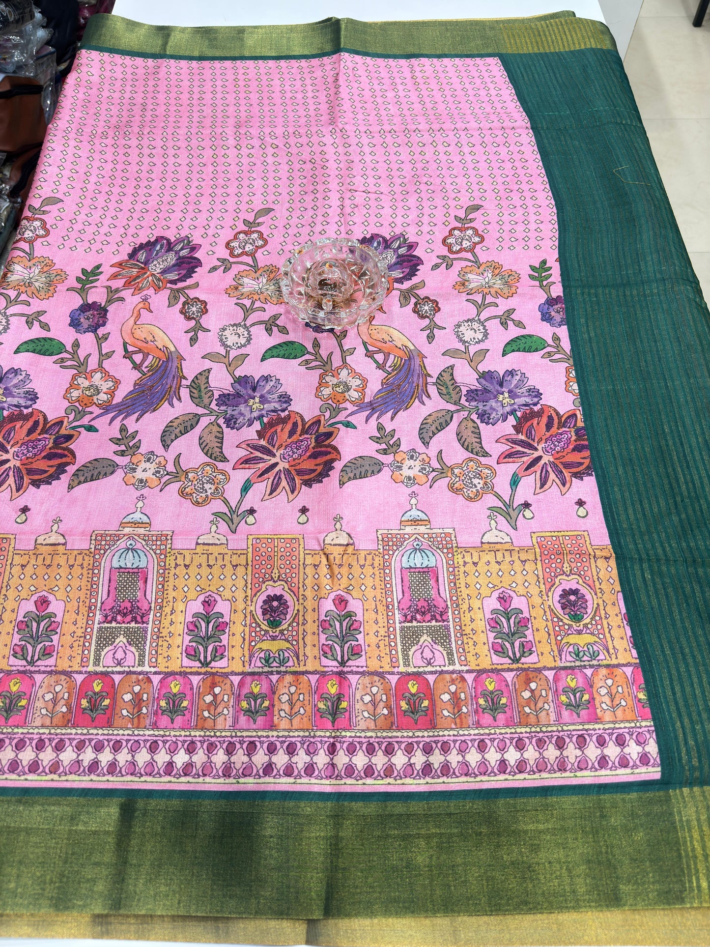 Soft Tussar Silk Printed Saree with Contrast Border, Tassels and Blouse for Women