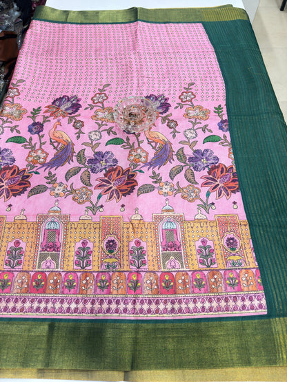 Soft Tussar Silk Printed Saree with Contrast Border, Tassels and Blouse for Women