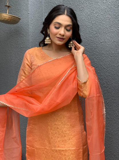 Brocade Banarasi Straight Kurta Pant Set with Organza Dupatta for Women