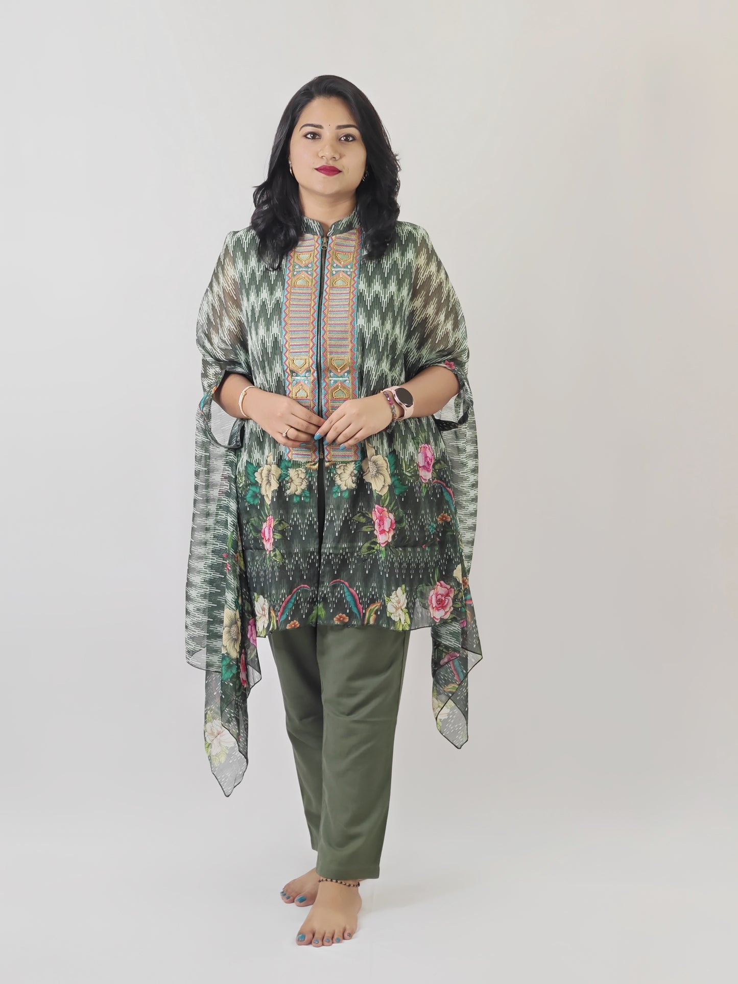 Designer Cape Style Embroidered Viscose Chiffon Top with Linen Cotton Bottom for Women | L to 2XL