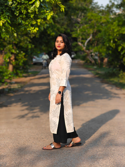 Off White Cotton Foil Printed Straight Kurta for Women with Button Front – S to 3XL