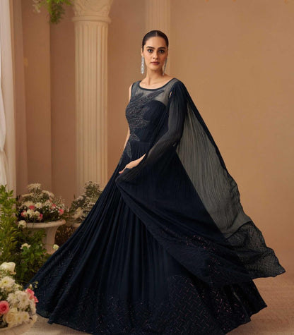 Navy blue real chinon hand-embroidered gown with cancan for wedding & reception