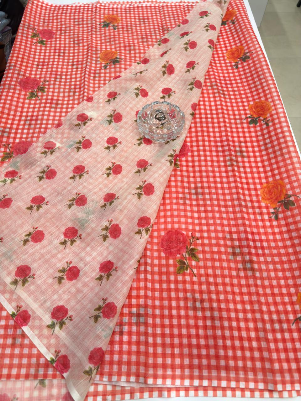 Linen Checks Printed Saree with Rose Floral Design and Matching Blouse for Women
