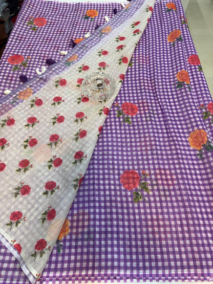 Linen Checks Printed Saree with Rose Floral Design and Matching Blouse for Women