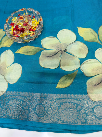 Floral Printed Semi Silk Saree for Women with Woven Border and Elegant Ethnic Design