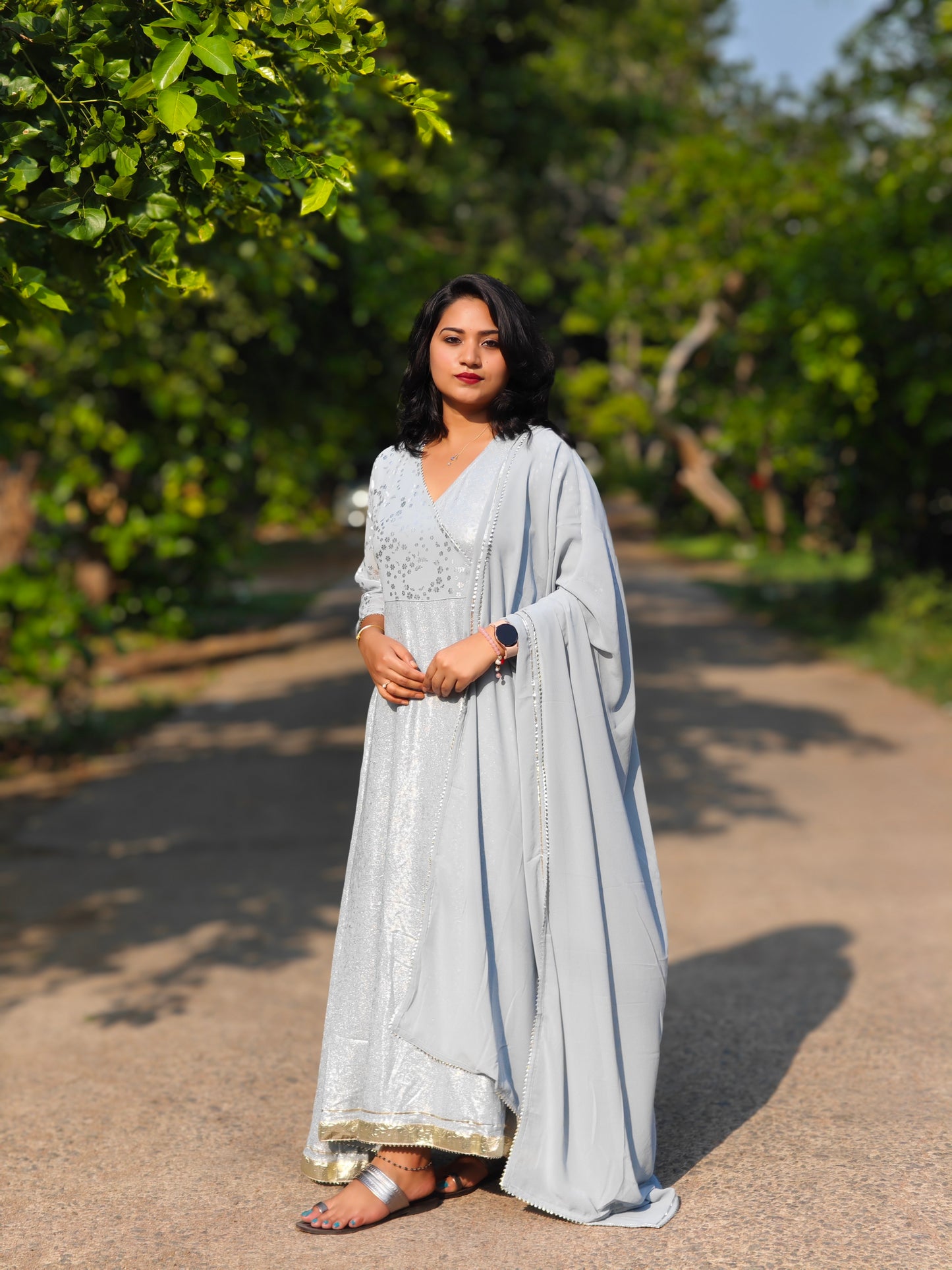 Grey Georgette Foil Print Kurta with Dupatta – Women’s Festive Ethnic Wear