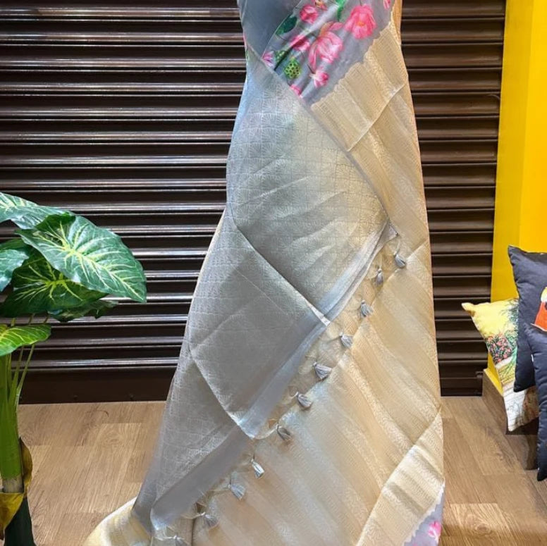 Soft Silk Saree with Pichwai Lotus Print Contrast Border, Rich Zari Pallu, and Blouse Piece