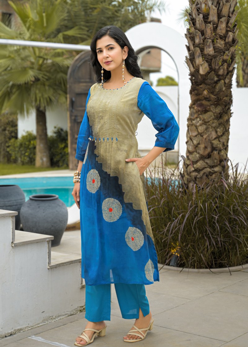 Cotton Kurti Pant Set for Women, Blue Olive Printed Kurti with Pant, 2 Piece Set, 3/4 Sleeves, Regular Fit