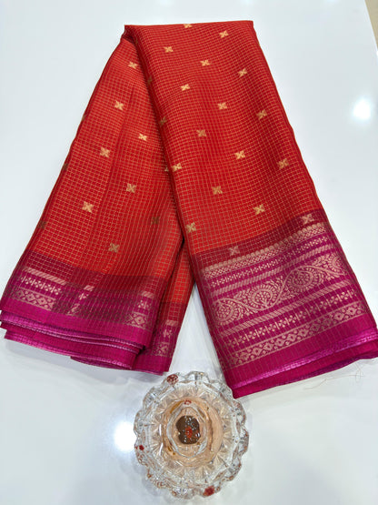 Munga pattu silk blend saree with small buti checks and zari border, women’s festive wear saree