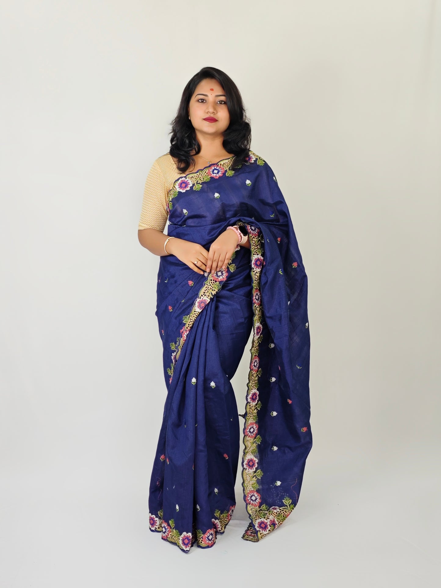 Matka Silk Saree with Embroidered Buttis, Cutwork Big Pallu, and All-Over Cutwork Panel