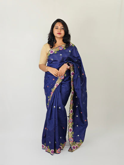 Matka Silk Saree with Embroidered Buttis, Cutwork Big Pallu, and All-Over Cutwork Panel