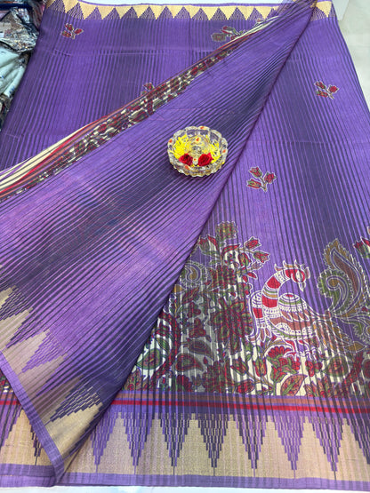 Printed Silk Blend Saree for Women with Temple Border and Traditional Ethnic Design