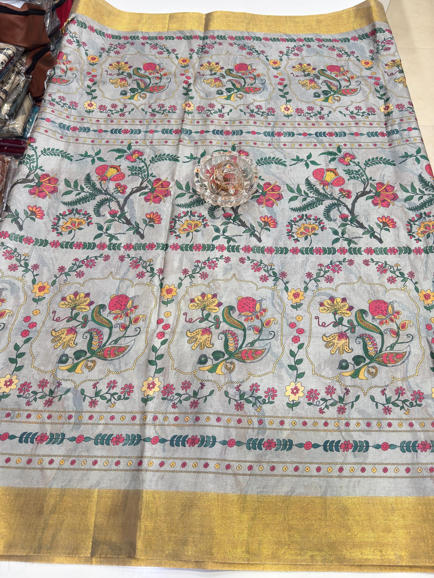 Soft Tussar Silk Printed Saree with Contrast Border, Tassels and Blouse for Women