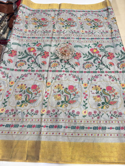 Soft Tussar Silk Printed Saree with Contrast Border, Tassels and Blouse for Women