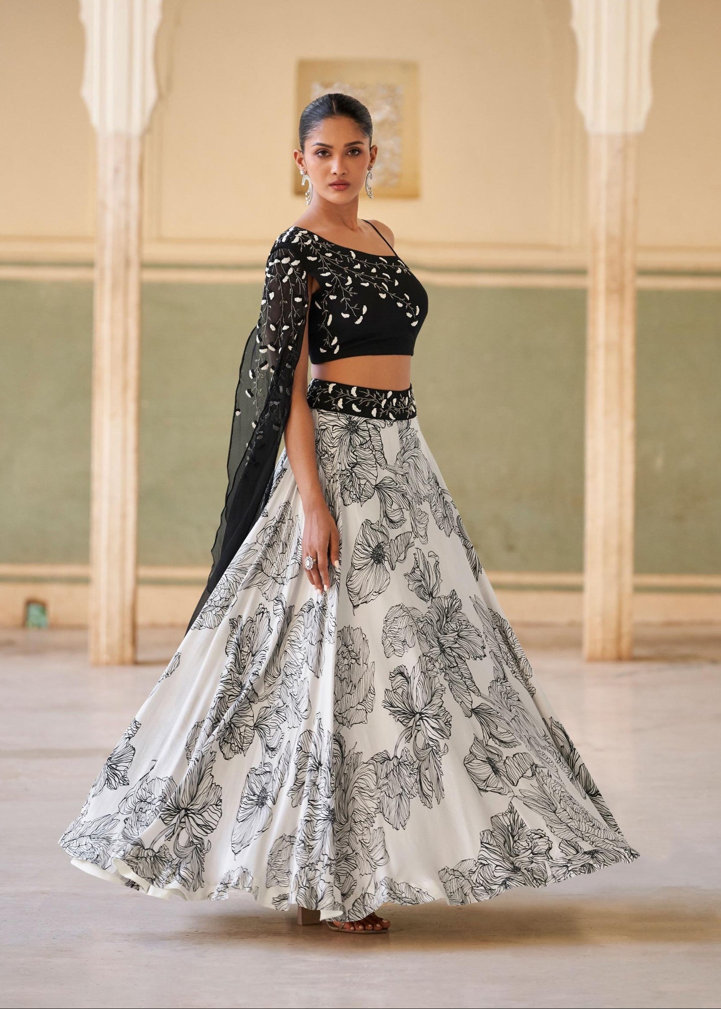 Real chinon embroidered crop top lehenga set for women with cancan – black & white floral pattern