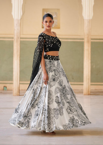 Real chinon embroidered crop top lehenga set for women with cancan – black & white floral pattern