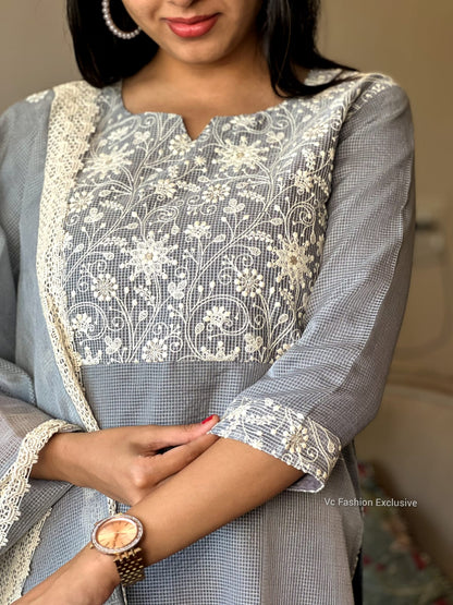 Pure Kota Doria Embroidered Kurta Pant Dupatta Suit Set with Crocia Lace – Women’s Grey, Sizes 38 to 46