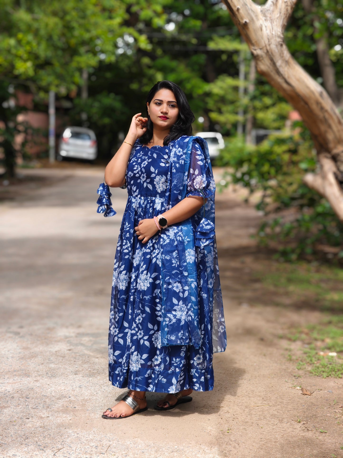 Pea Blue Organza Suit Set with Flared Kurta, Pants and Dupatta – Women’s Festive Wear