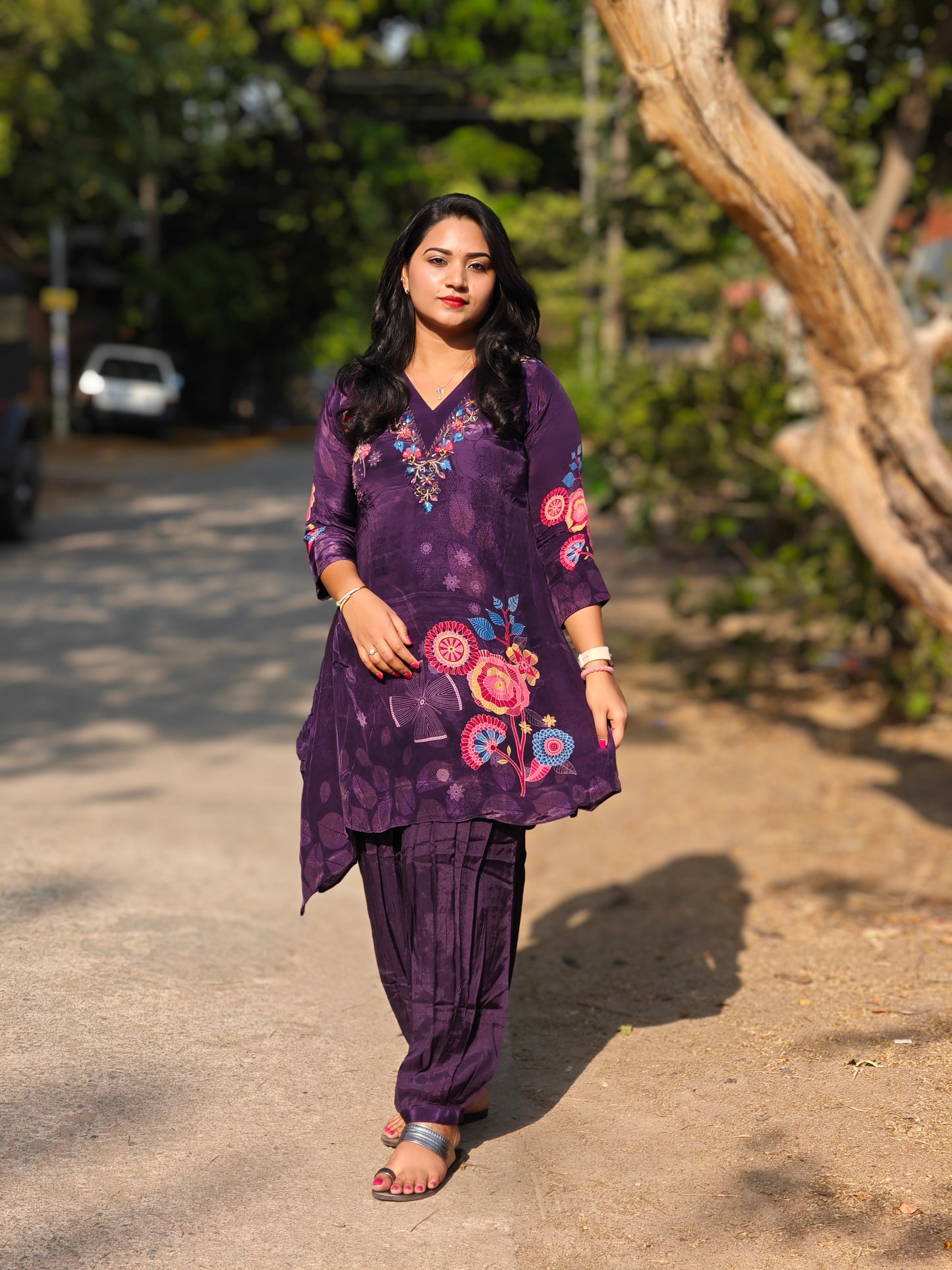 Viscose co-ord set for women with floral print and embroidery – fully stitched festive ethnic outfit