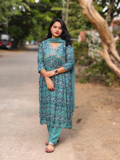 Women’s Chinnon Chiffon Printed Suit Set with Embellished Yoke & Dupatta – Sizes L & 2XL