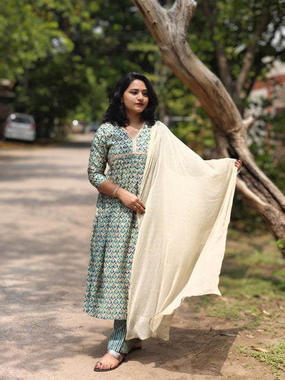 Teal Blue Chanderi Floral Kurta with Pant and Dupatta – Festive Women’s Set